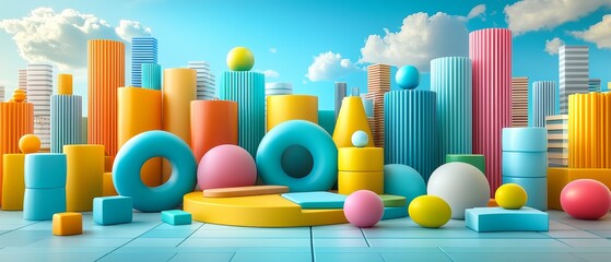 Vibrant geometric cityscape a colorful 3d representation of abstract shapes and urban life