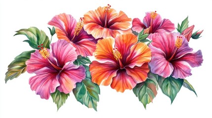 Obraz premium Watercolor bouquet of tropical flowers featuring vibrant hibiscus blooms and lush leaves, an exotic floral arrangement. Perfect for a tropical card design or paradise-themed decor.