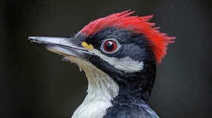 A close-up portrait of a pileated woodpecker with its head turned to the side. 