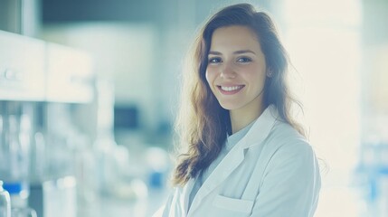 Fototapeta premium A beautiful young woman scientist in a white lab coat, smiling confidently against a softly blurred background of a laboratory. The image captures her professionalism and passion for science.
