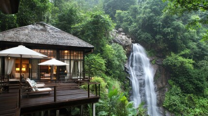 A wooden cabin with a deck overlooking a waterfall in a lush green rainforest.