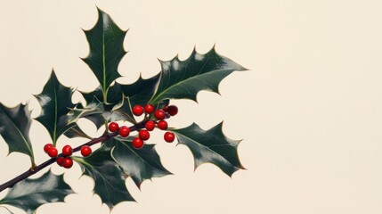An elegant holly sprig isolated against a clean background,  glossy dark green leaves with sharp serrated edges and vibrant red berries. 