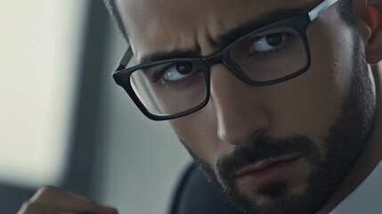Close-up portrait of a professional man in glasses, showing determination and focus; ideal for business and motivational contexts.