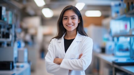 Fototapeta premium A vibrant image of a young woman scientist in a white coat, standing with arms crossed and a friendly smile. The background is softly blurred, a modern lab filled with scientific equipment.