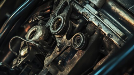 Fototapeta premium Close-Up of a Vintage Engine Component: Detailed metal parts showcasing rust and wear for automotive design and repair use.
