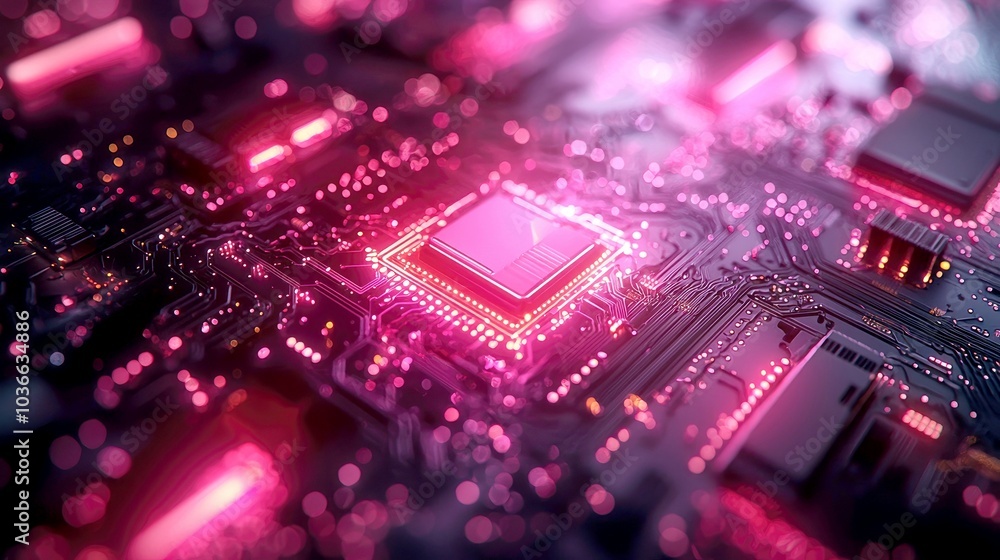 Poster a close-up view of a glowing pink cpu chip on a circuit board.