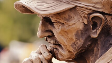 Detailed Sculpture of a Thoughtful Man: Captivating craftsmanship with warm tones, ideal for art appreciation or cultural discussions.