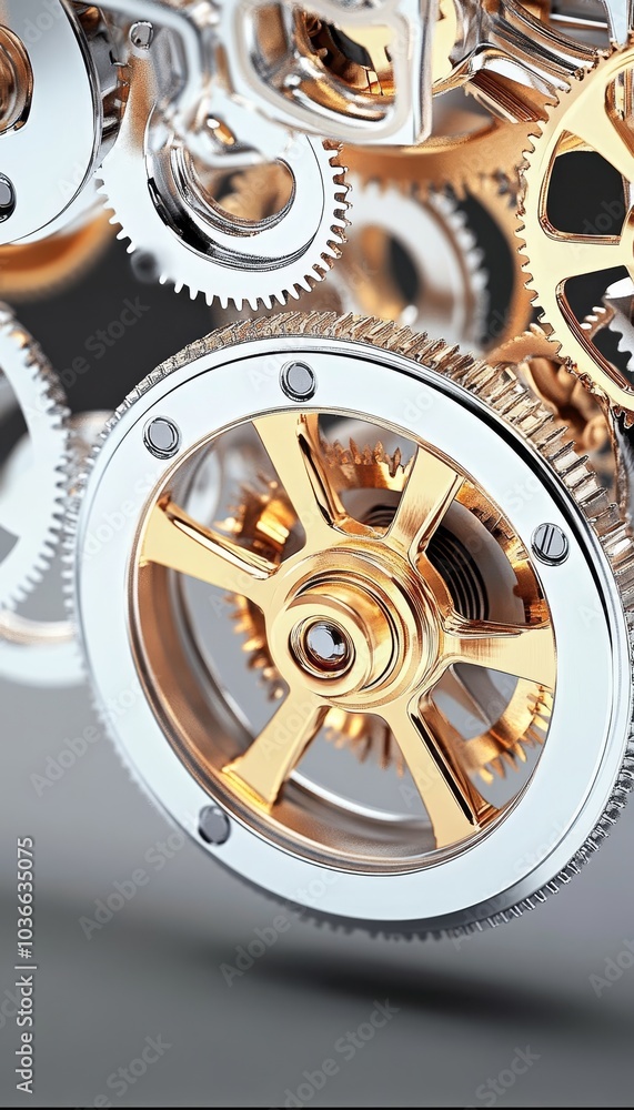 Poster silver and gold gears interlocking and rotating, a seamless display of precision engineering.
