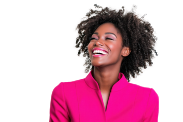 A joyful African American woman with curly hair, wearing vibrant pink clothes, smiling confidently with hands on hips, exuding positivity.
