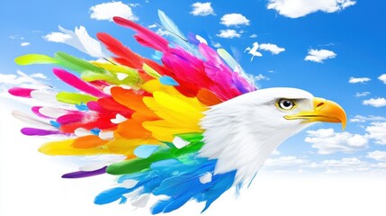 Fototapeta premium Colorful Feathers Eagle Head Against Blue Sky