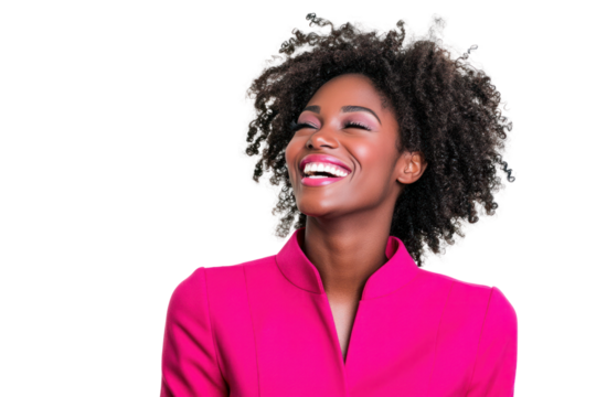 A joyful African American woman with curly hair, wearing vibrant pink clothes, smiling confidently with hands on hips, exuding positivity.