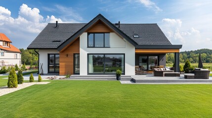 Modern house with a large backyard and patio with furniture.