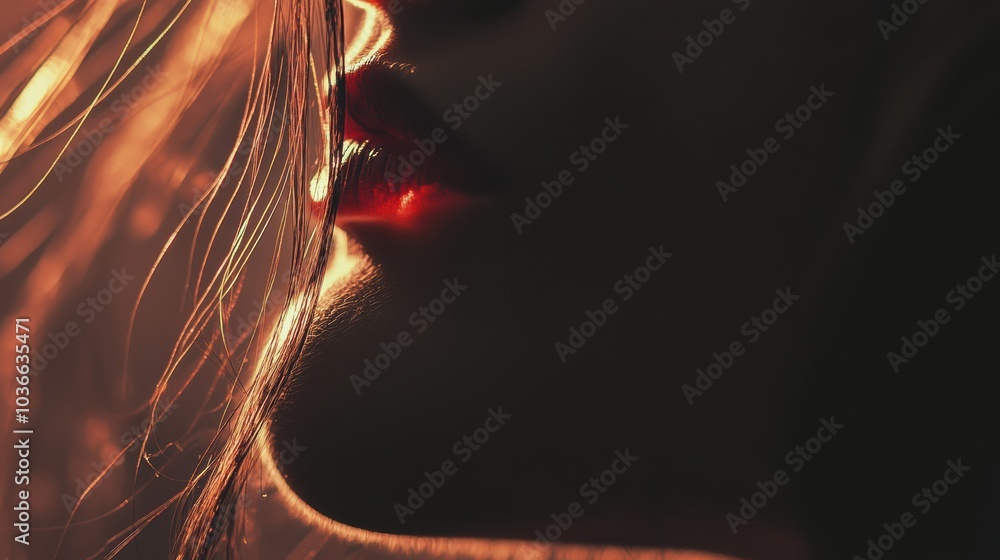 Sticker Intimate Profile: Silhouette of a Woman's Face with Glowing Hair and Vivid Red Lips, Ideal for Beauty and Fashion Themes