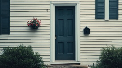 A dark blue front door with white trim, a mailbox, and a hanging planter with red flowers, on the side of a house with white siding.