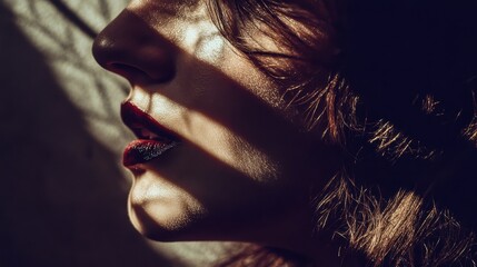 Artistic Profile Shot: A dramatic close-up of a woman's face with shadows and light, showcasing a blend of mystery and beauty.