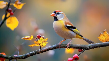 A colorful bird perched on a branch with autumn leaves in the background.