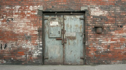 A transformer entrance in a brick wall, featuring irregular metal doors, combining urban utility with rugged charm