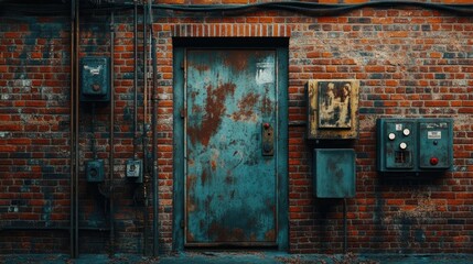 A transformer entrance in a brick wall, featuring irregular metal doors, combining urban utility with rugged charm