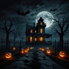 A spooky haunted house with glowing jack-o-lanterns leading up to the front door on a moonlit Halloween night.