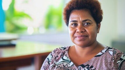 Portrait of a Fijian woman with vibrant features, natural lighting, showcasing cultural beauty; ideal for lifestyle and travel themes.