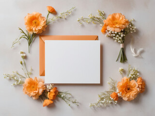Blank wedding invitation surrounded by watercolor flowers.