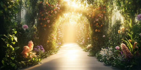 Obraz premium Sunlit runway adorned with lush greenery and vibrant floral decorations, creating an elegant and natural setting for showcasing fashion women's clothing in a photorealistic style.