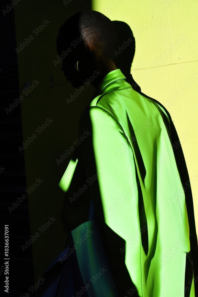 Wall mural Fashion Silhouette: A model in striking green attire against a vibrant background, perfect for fashion inspiration and editorial use.