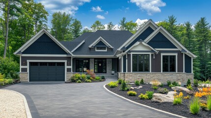 Modern grey house with large windows, stone accents, and a paved driveway.
