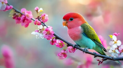 A colorful parrot perched on a branch with pink blossoms.