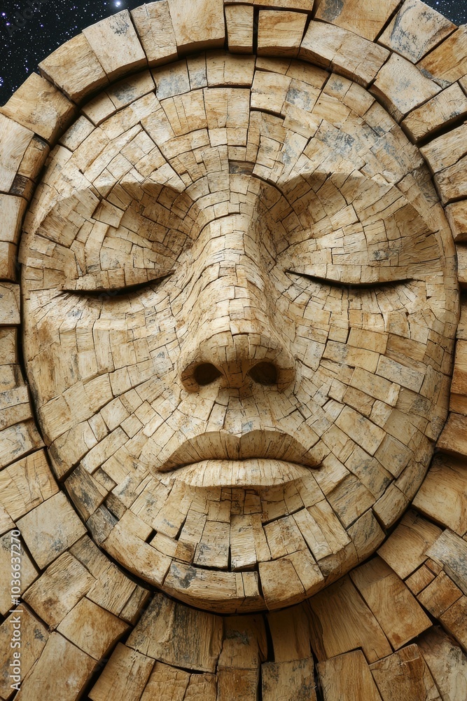 Wall mural Artistic Wooden Face Sculpture: Intricate craftsmanship showcases serene expression and natural textures, suitable for decor or art projects.