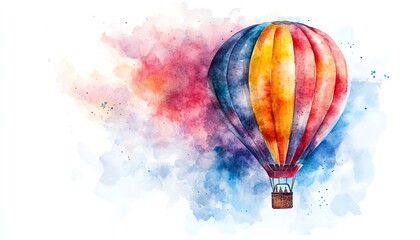 A vibrant watercolor illustration of a hot air balloon soaring through a colorful sky, evoking a sense of adventure and freedom.