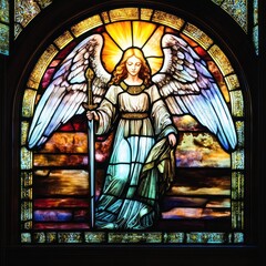 Obraz premium Stained glass angel in heavenly light with staff