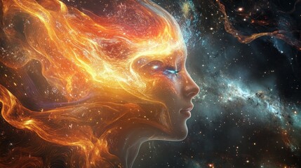 Fiery visage with swirling nebula and cosmic background