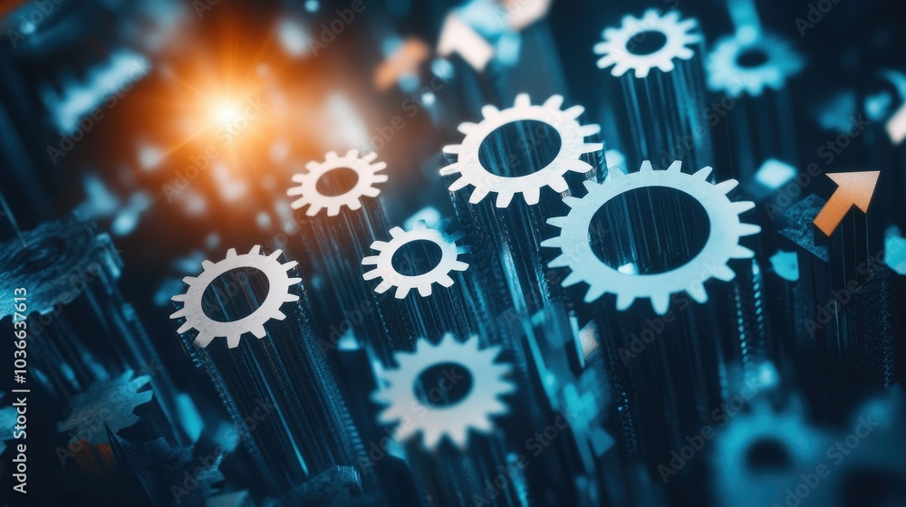 Poster abstract gears interlinked with arrows pointing upward, highlighting business mechanics of innovatio