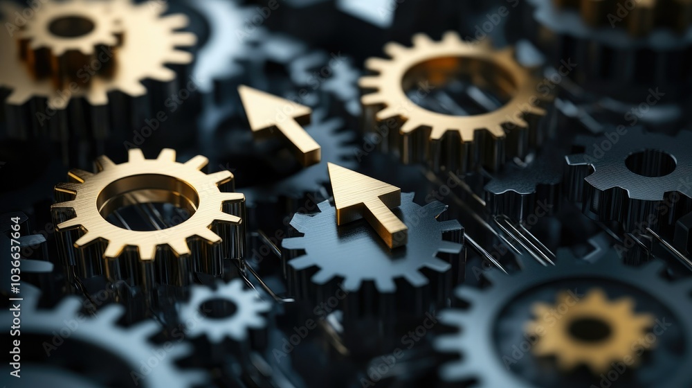 Poster abstract illustration of interlocking gears with arrows pointing upward, symbolizing progress and bu