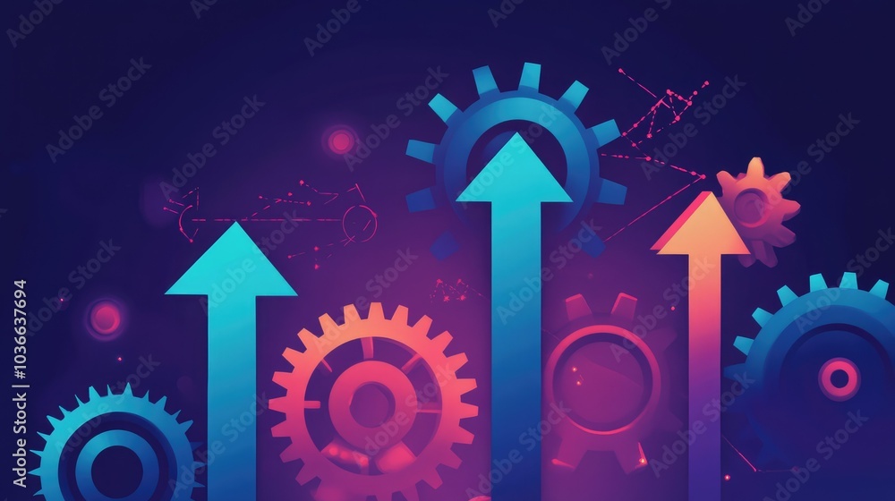 Poster abstract illustration of interlocking gears with arrows pointing upward, symbolizing progress and bu