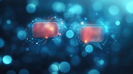 Abstract GPT chat hologram with speech bubbles, gently glowing on a blurred blue digital background.