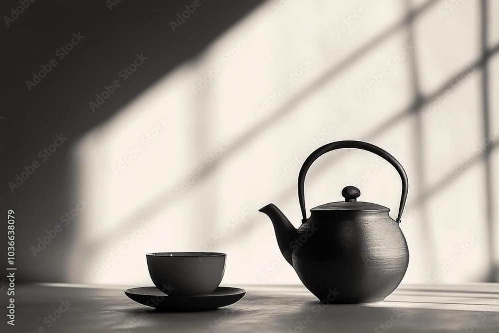 Poster a black tea kettle rests beside a cup on a table, with gentle shadows from the window creating a ser