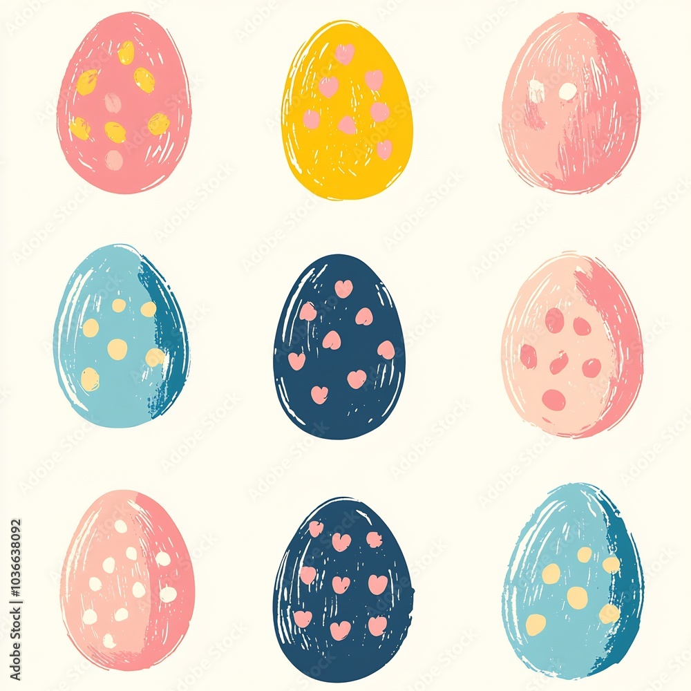 Poster charming handdrawn easter egg pattern running horizontally across the image with playful designs and