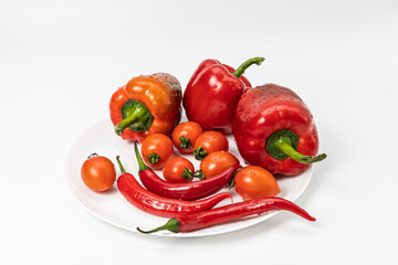 Red peppers isolated on white background. Top view