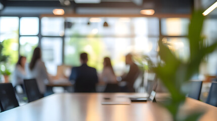Fototapeta premium Business open modern office daytime daylight with blurred people in smart casual wear having a meeting. Working culture chill happy enjoy workplace work life balance plant green interior sustainable