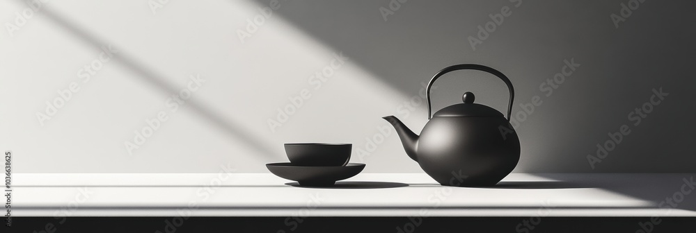 Aufkleber a black tea kettle and matching cup rest on a white table, bathed in gentle afternoon light, invitin