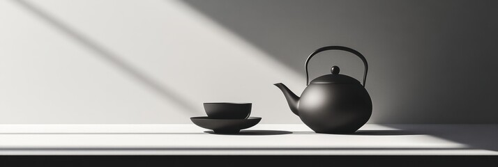 A black tea kettle and matching cup rest on a white table, bathed in gentle afternoon light, inviting a moment of tranquility. Generative AI