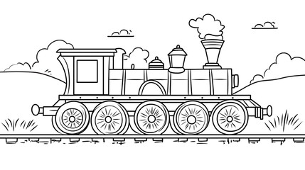 Minimalist design of an old-fashioned steam locomotive with large wheels, drawn in a cartoon style for kids' coloring pages