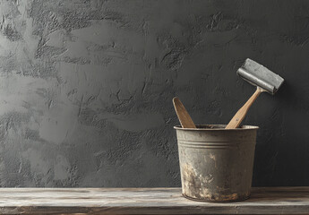 An old bucket with concrete tools, a construction site