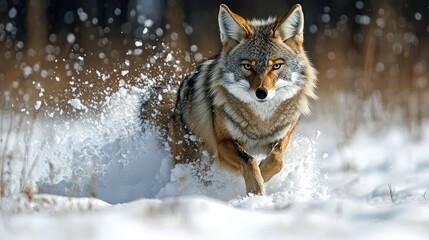 Obraz premium A coyote runs through a snowy field, kicking up snow as it sprints.