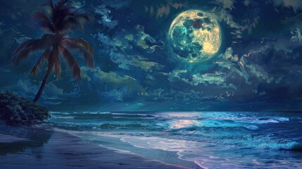 Night Beach with Full Moon