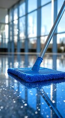 A close-up of a blue mop cleaning a shiny floor, showcasing cleanliness and hygiene in a modern environment.