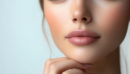 Obraz premium Close-up portrait of a young woman's face showcasing smooth skin, subtle makeup, and striking lips for beauty and skincare themes.