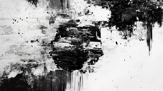 Black and white grunge texture with paint strokes and drips on white paper.